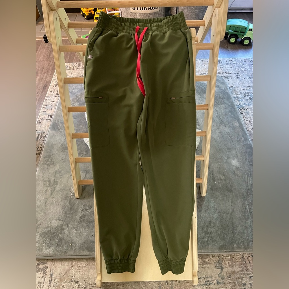 Figs Olive Green Joggers with Pink Drawstring